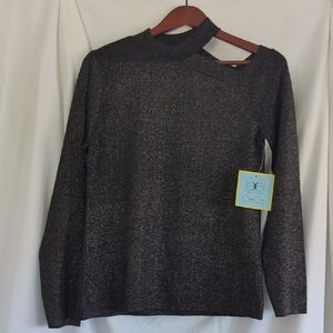 CeCe Black Metallic Cutout Mock Neck Sweater